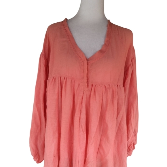 Easel Women's Coral Color Baby Doll Long Balloon Sleeve Blouse Top Size Small - Picture 2 of 8